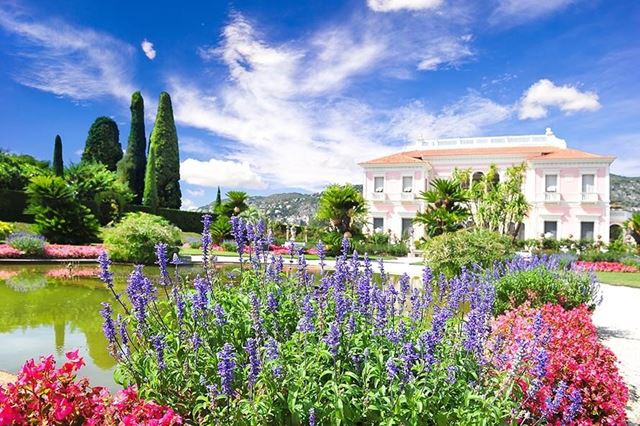 Photo of blue bonnets in front of a manor house during a sunny day